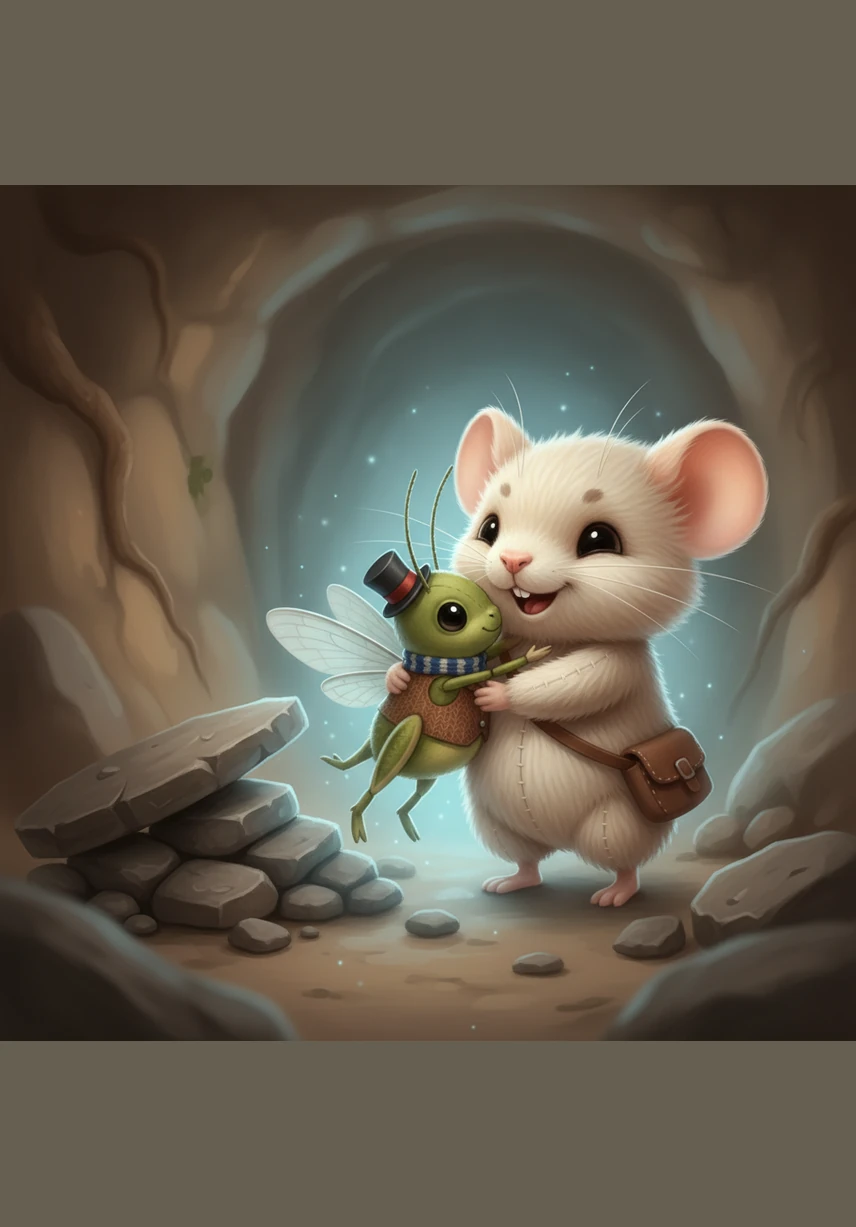 Pip used all his tiny might to heave the stones aside, driven by the hope of seeing Oliver's friendly face again. When the last rock moved, Oliver leaped into Pip's arms, and the two friends shared a joyful hug in the soft blue glow.