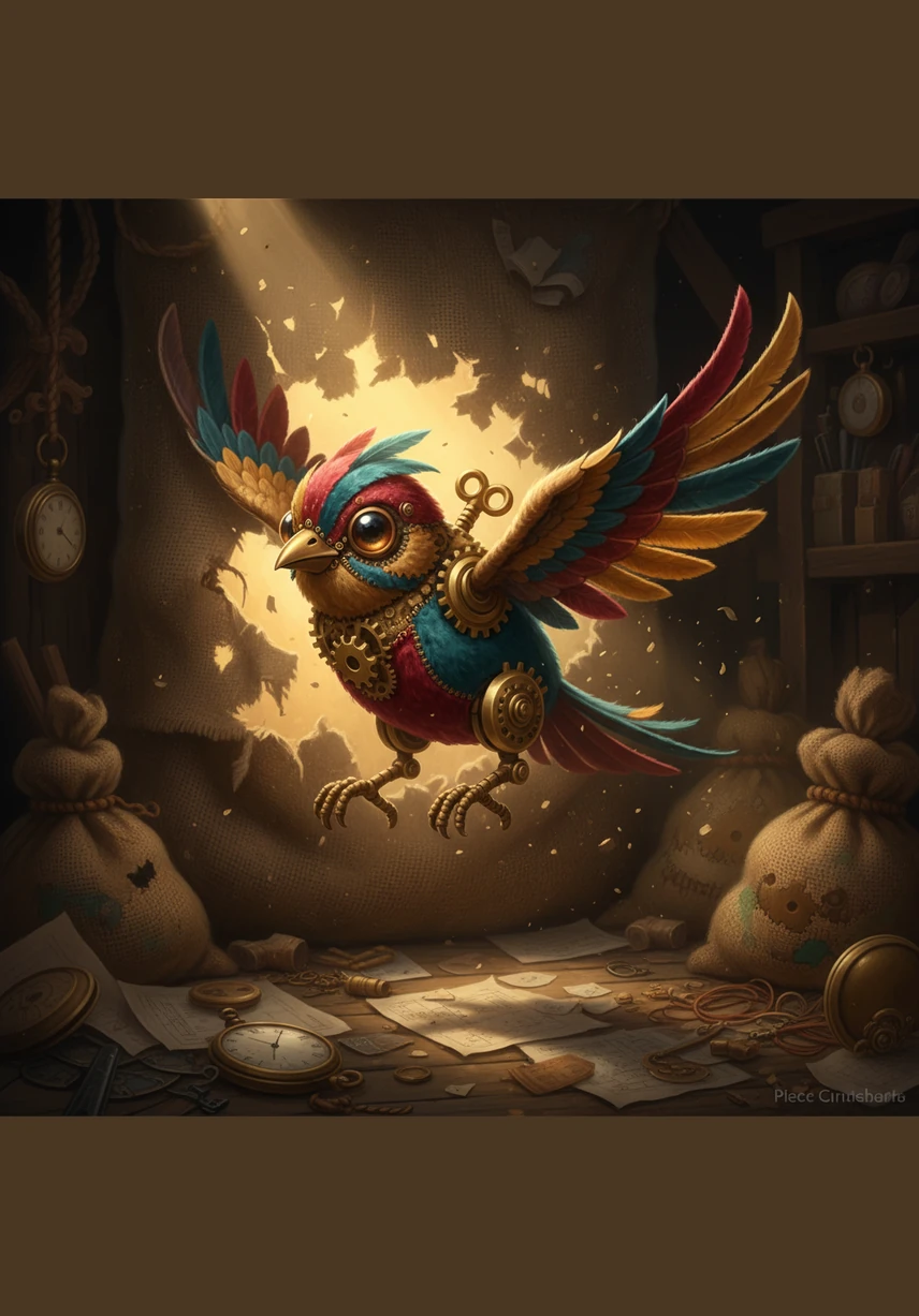 Pip, a small bird made of brass gears and velvet, wakes up in a dusty corner of the Great Library. Sunlight filters through high, arched windows, illuminating the floating dust motes around his cozy nest of paper scraps.