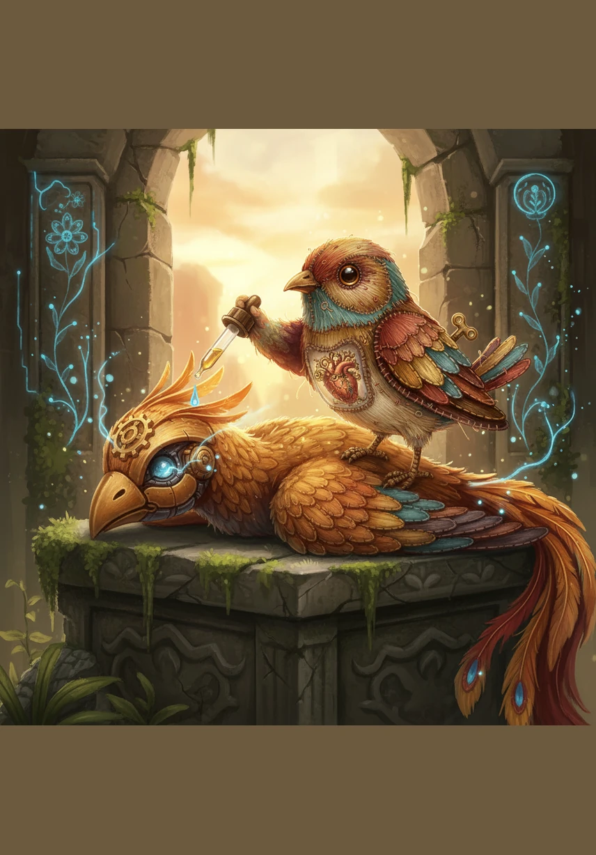 While exploring a shelf of ancient star charts, Pip discovers a shimmering, iridescent feather caught between two heavy leather-bound books. It glows with a soft, pulsing blue light that makes his clockwork heart tick a little faster.