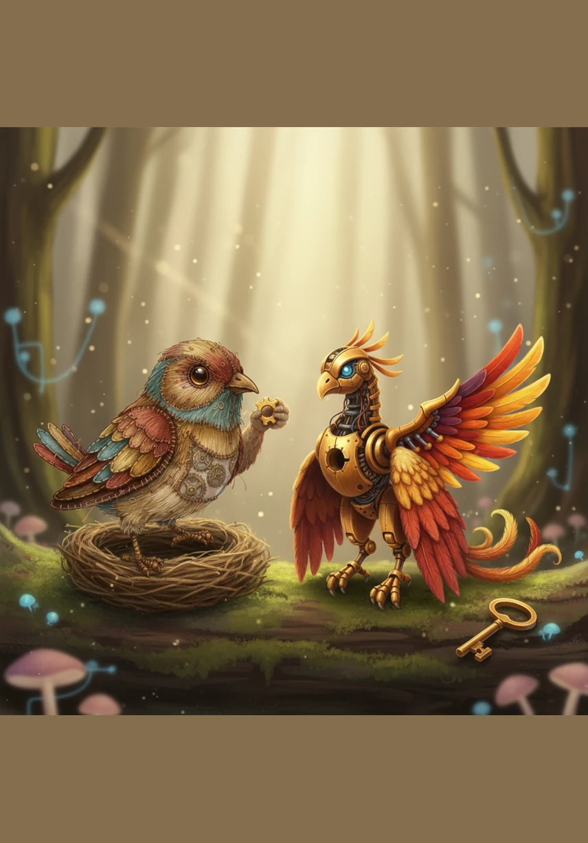 Pip tucks the feather into his wing and begins his journey across the vast mahogany plains of the library tables. The silence is heavy, but the air smells of old parchment and forgotten magic as he hops past towers of books taller than mountains.