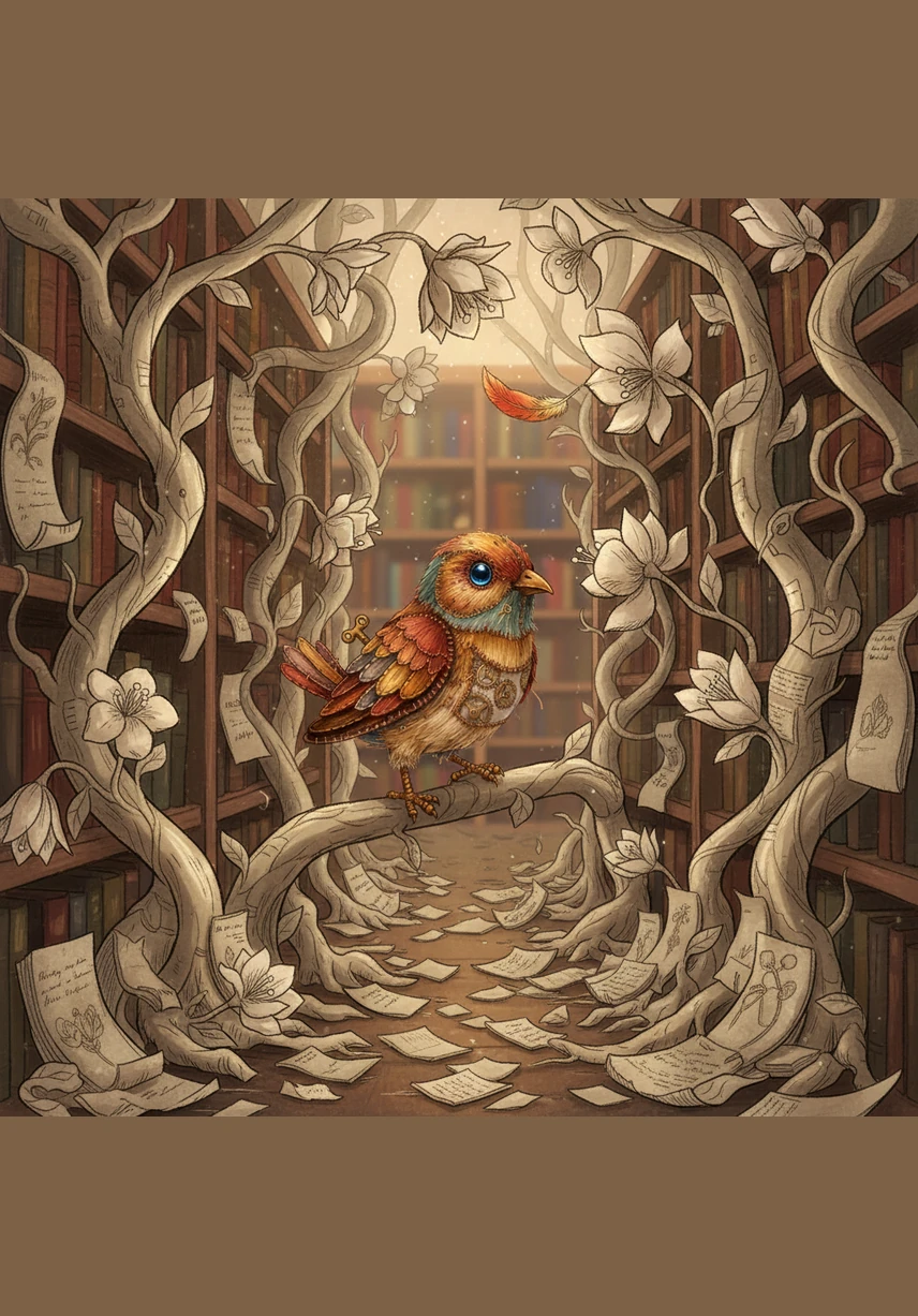 He reaches the Botany Section, where paper vines and ink-drawn flowers have grown out of their pages to cover the shelves. Pip carefully navigates the rustling paper leaves, looking for any creature that might have lost a glowing feather.