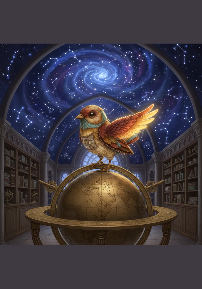 In the Astronomy Wing, the ceiling is a swirling map of the cosmos where constellations twinkle like real stars. Pip stands on a brass globe, feeling the feather glow brighter as he gets closer to the center of the room.