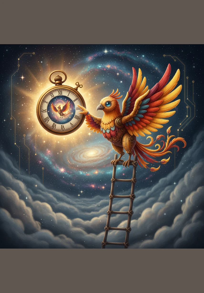 He finds a grand, golden cage at the very top of the highest ladder, but instead of a prisoner, it holds a magnificent mechanical Phoenix. The great bird is missing a single feather from its tail, causing its golden gears to stop turning and its eyes to dim.