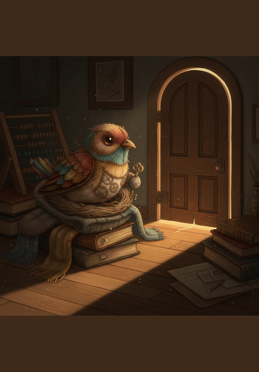 With a brave flutter of his velvet wings, Pip climbs onto the Phoenix’s back and carefully slides the glowing feather back into its rightful place. A spark of blue energy ripples through the metal bird, bringing a hum of life to the silent, dark room.