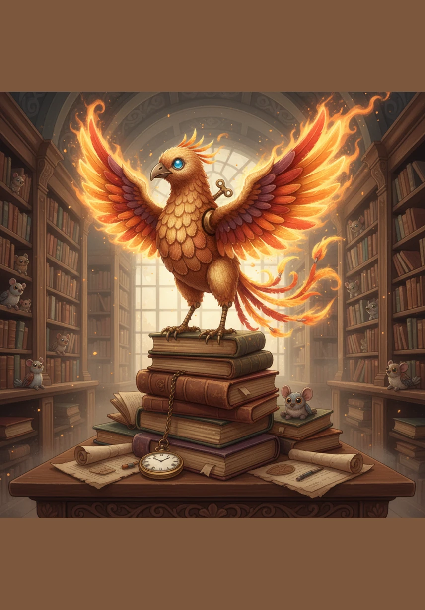 The Phoenix lets out a melodic chime and spreads its wings, casting a warm, golden glow across the entire library. Books begin to whisper and the ink-drawn flowers bloom, transforming the dusty hall into a vibrant world of stories and light.