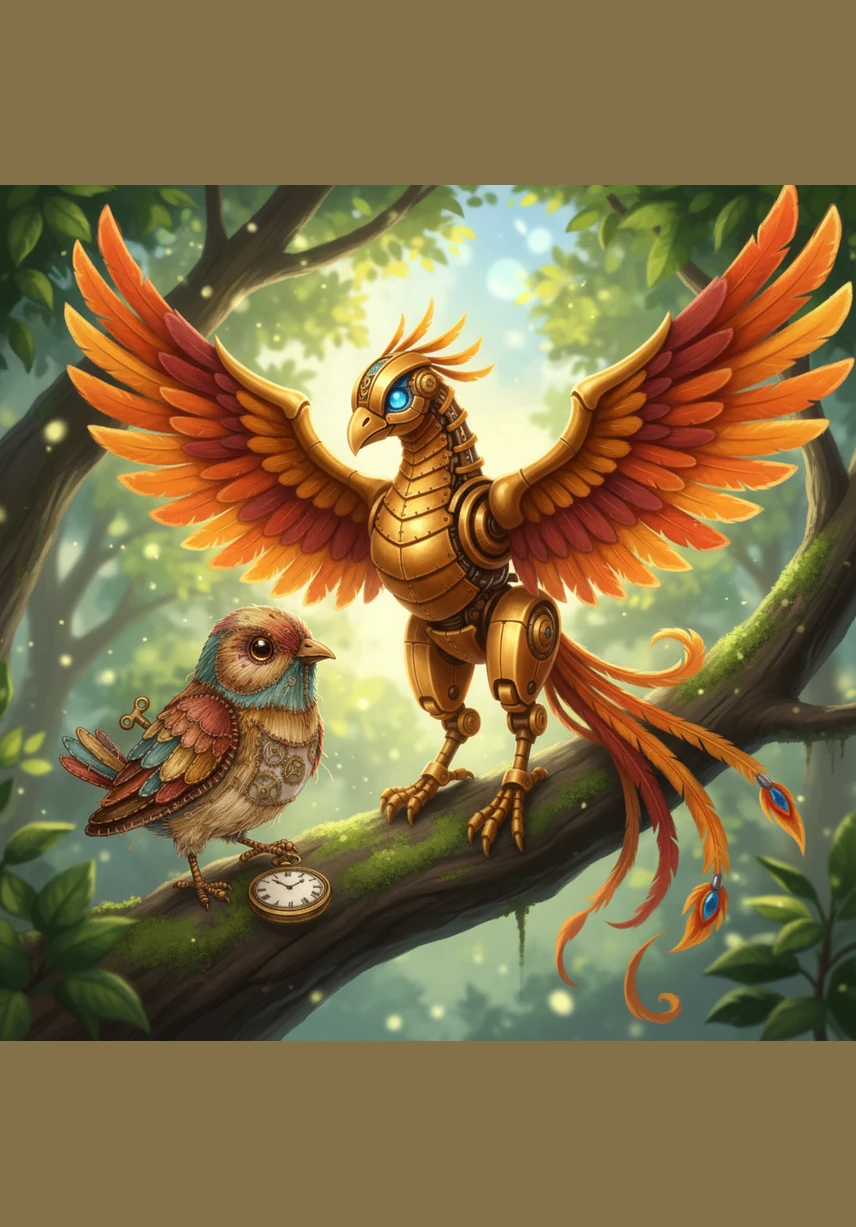 The Phoenix nudges Pip gently, and they fly together through the high rafters of the rejuvenated library. Pip realizes that even the smallest gear can restart the grandest machine, and he is no longer just a lonely clockwork bird in a silent world.