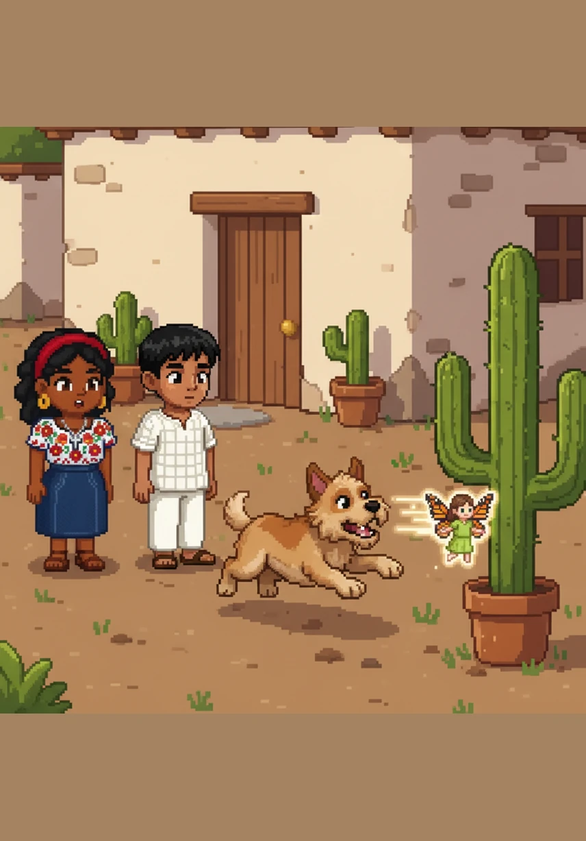 Suddenly, María’s scruffy dog, Benito, spotted something shimmering near the tall cactus at the edge of the yard. He let out a playful woof and lunged toward a tiny, glowing light that zipped through the air in a panicked zig-zag.