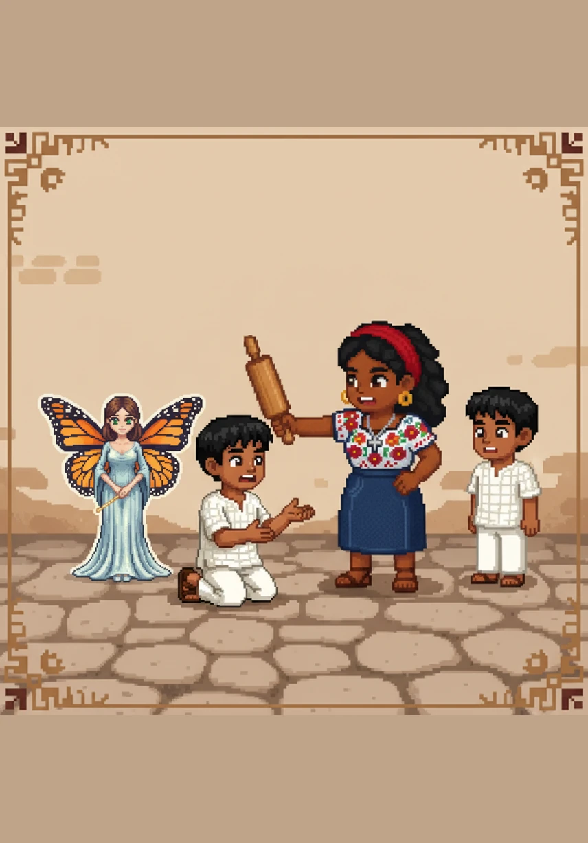 The friends rushed over to find Benito cornering a miniature lady with wings that shimmered like monarch butterflies. The tiny storytelling fairy was trembling behind a fallen flower petal, her magical glow fading as she tried to hide from the curious dog.