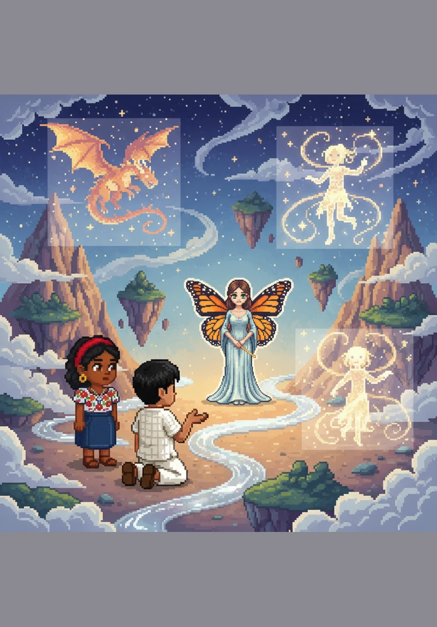 As Liora began her tale, the garden around them seemed to melt away into a world of floating mountains and silver rivers. María and Miguel watched in awe as magical images of dragons and starlight spirits danced in the shimmering mist created by the fairy's words.
