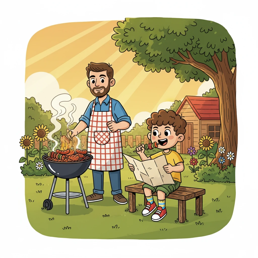 A fome bateu, e o pai acendeu a churrasqueira. O aroma delicioso do churrasco invadiu o ar, e Pedro e Theo saborearam espetinhos enquanto planejavam a próxima fase de suas aventuras. O sol brilhava, e a felicidade era palpável.