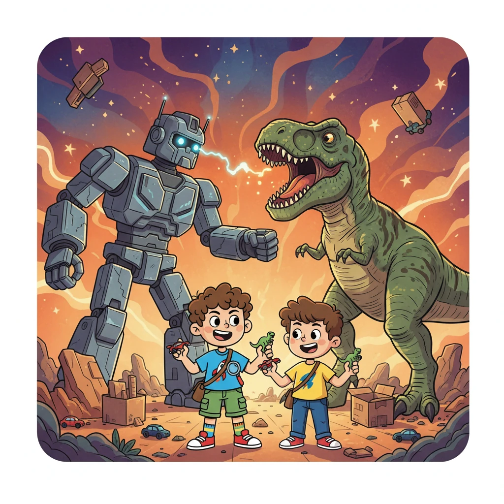 De repente, a imaginação de Pedro e Theo os transportou para um mundo de gigantes e dinossauros. Com seus brinquedos, criaram batalhas épicas: um T-Rex contra um robô gigante! A emoção era contagiante, e a criatividade, sem limites.