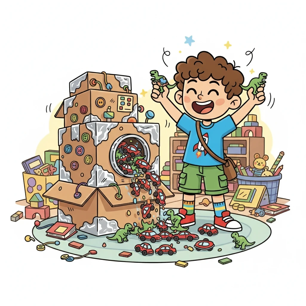 Para aumentar a diversão, encontraram uma máquina de clones, feita de caixas e papel alumínio, que multiplicava carrinhos e bonecos. A brincadeira ficou ainda mais emocionante e cheia de risos, com brinquedos por todos os lados.