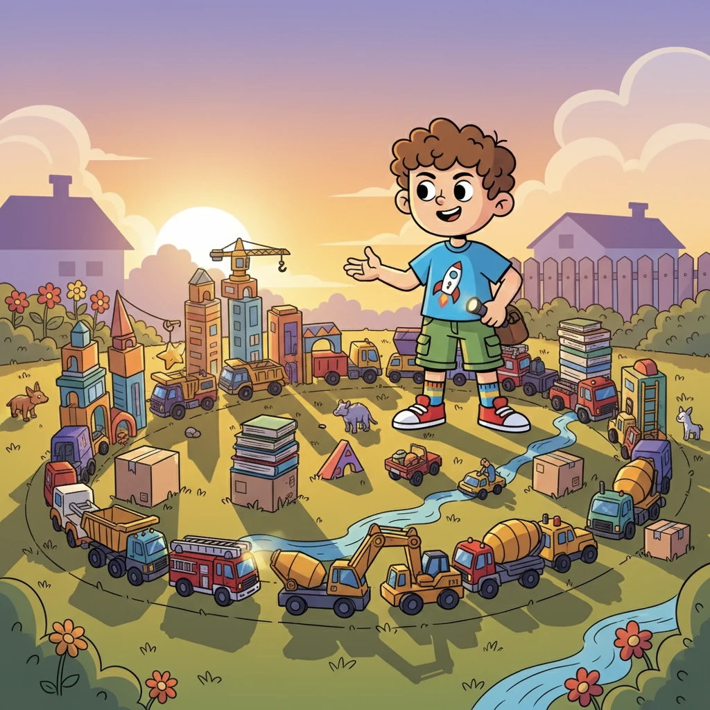 No final do dia, Pedro e Theo organizaram um desfile com seus caminhões e máquinas de brinquedo, transformando o quintal em uma cidade vibrante e divertida. Juntos, provaram que a maior aventura é aquela que a gente cria com amigos e muita imaginação.