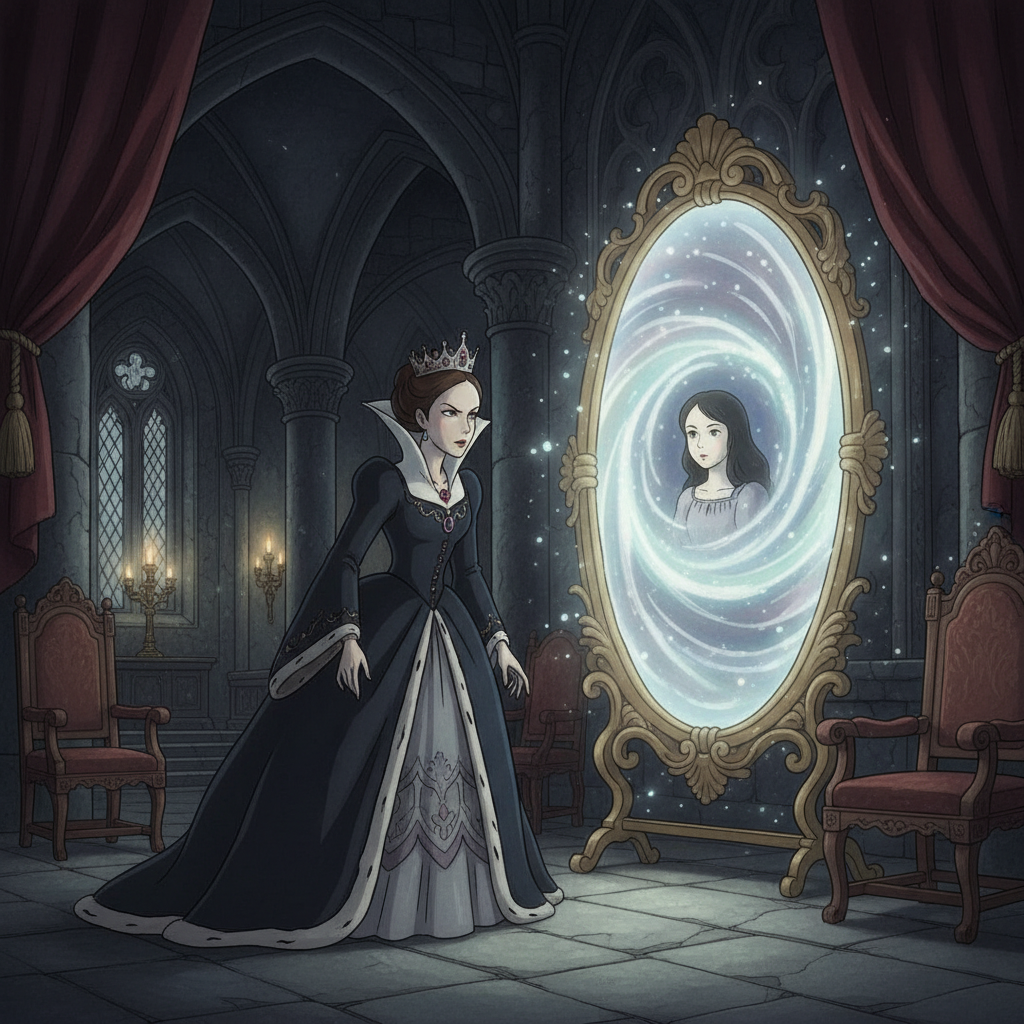 In a grand castle chamber filled with deep shadows, the vain Queen stands before a swirling magic mirror. She demands to know who is the fairest of all, her face tight with jealousy and pride. The mirror glows with an ethereal, ghostly light, revealing the image of a young girl with skin as white as snow and lips as red as roses.