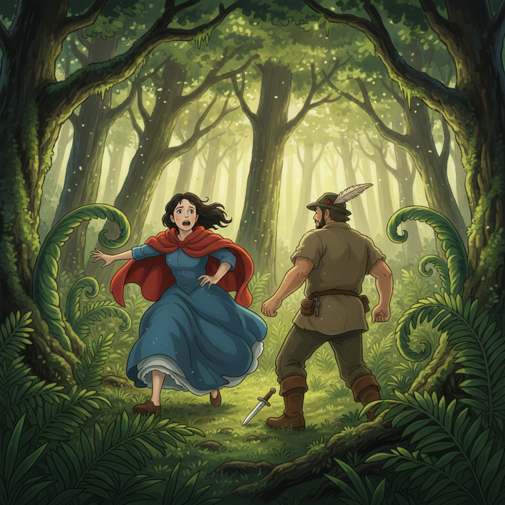 The Huntsman leads Snow White deep into the ancient, whispering forest but cannot bear to harm her. He drops his dagger and urges her to run far away into the dense greenery where she might be safe. Sunlight filters through the high canopy, illuminating her terrified flight among the giant fern leaves and towering trees.