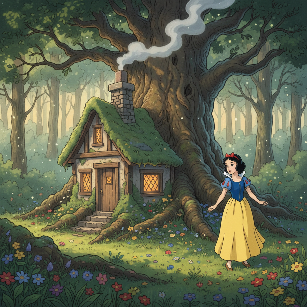 Stumbling through the woods, Snow White discovers a charming, moss-covered cottage nestled between the roots of a massive tree. Smoke curls gently from the crooked chimney, and the windows glow with a welcoming, amber warmth. It looks like a secret hideaway forgotten by time, surrounded by wildflowers.