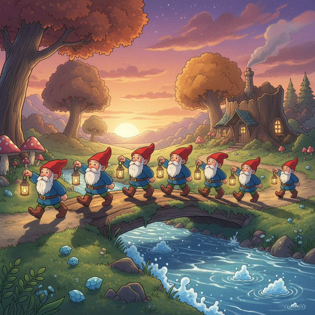 As the sun sets, painting the sky in hues of purple and orange, seven little men march home from the diamond mines. They carry lanterns that sway gently, singing a rhythmic song as they cross a log bridge over a bubbling stream. Their shadows stretch long across the path as they approach their hidden home.