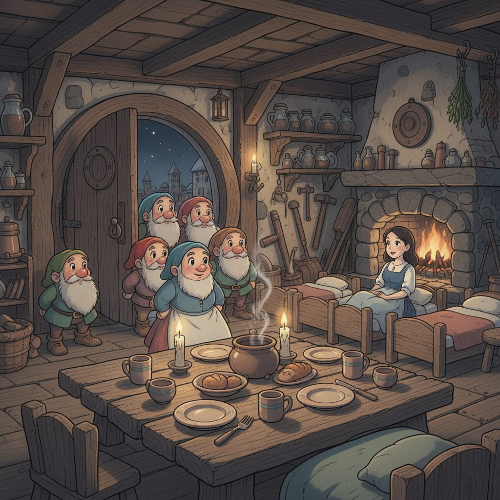The dwarfs enter their home to find the table set and a beautiful stranger sleeping across their small beds. Snow White wakes with a start but smiles gently at their curious, bearded faces. The warm candlelight flickers, casting soft shadows on the walls as they introduce themselves one by one.