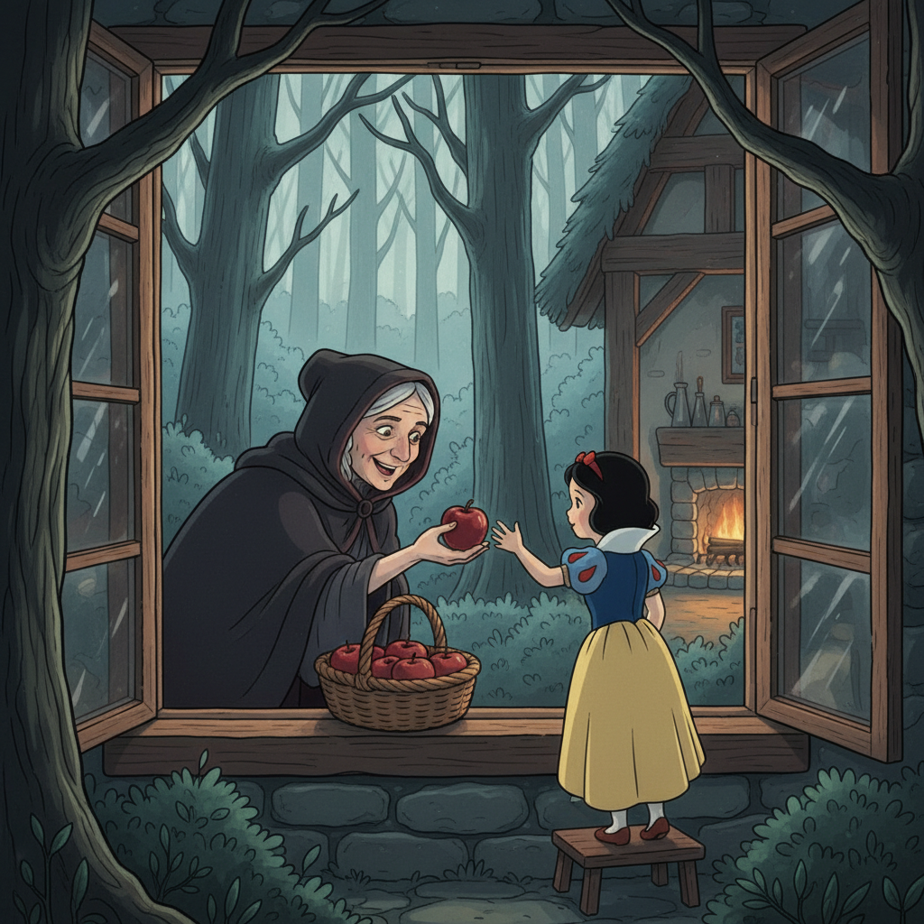 While the dwarfs are away at work, an old peddler woman with a basket of red apples approaches the cottage window. The disguised Queen offers the shiniest, reddest apple to Snow White, her smile hiding a wicked and jealous intent. The forest seems to hold its breath as the young girl reaches out for the beautiful fruit.