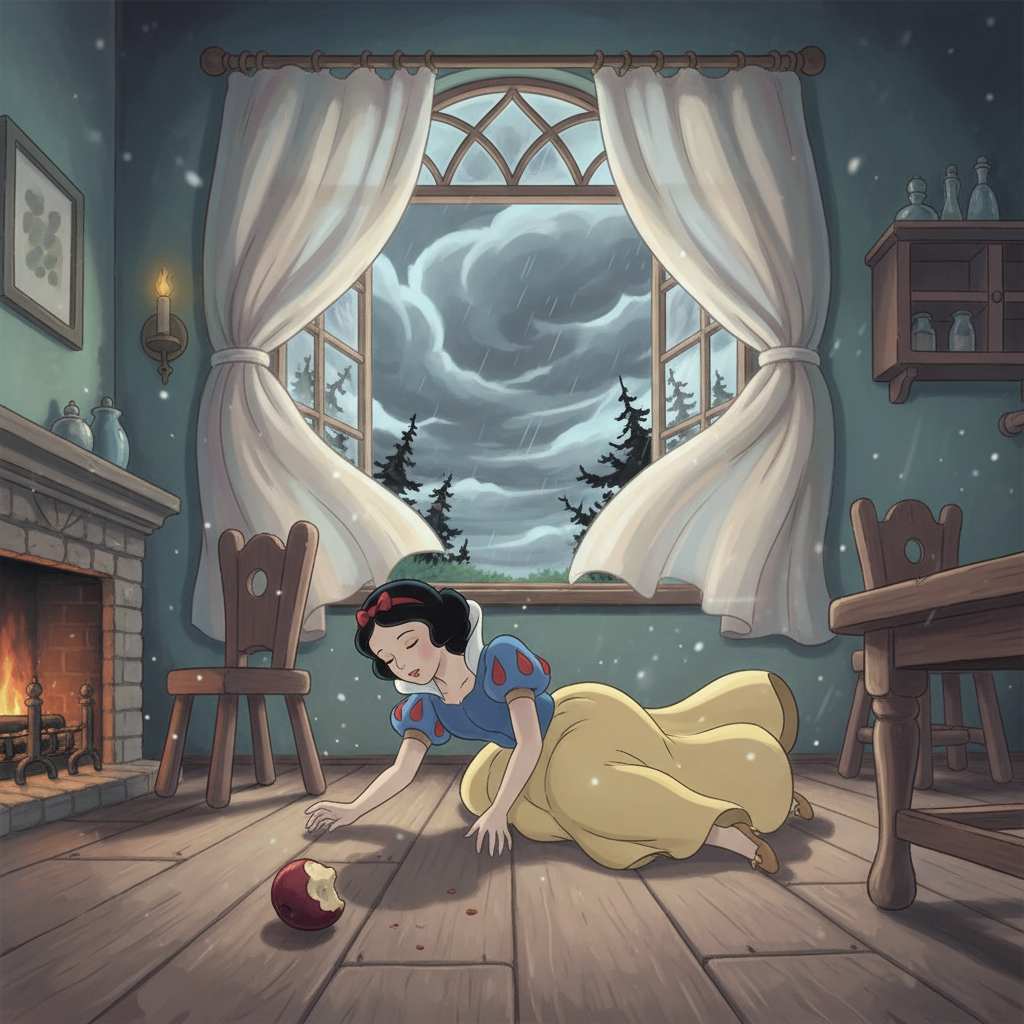 Snow White takes a bite of the poisoned fruit and suddenly feels the world spin around her. The apple rolls from her hand onto the wooden floor as she collapses into a deep, enchanted sleep. A sudden wind blows the curtains, and the sky outside turns a stormy grey, reflecting the tragedy.