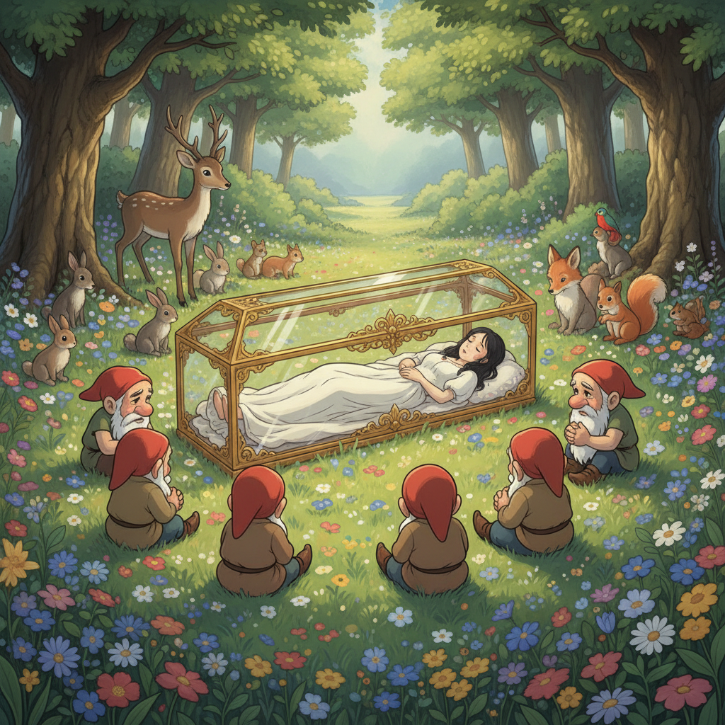 The seven dwarfs build a coffin of glass and gold, placing it in a flower-filled meadow so they can always watch over her. They sit in a circle, heads bowed in sorrow, while forest creatures gather silently at the edge of the clearing. The scene is still and melancholic, bathed in soft, dappled light from the trees above.