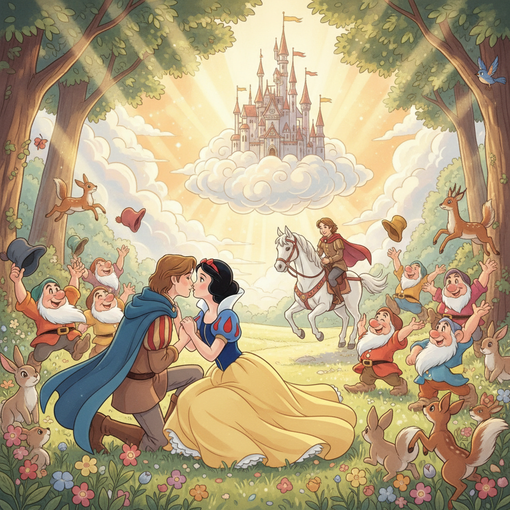 A traveling Prince rides into the clearing and, captivated by her peaceful beauty, bestows a kiss of true love. The spell breaks, and Snow White opens her eyes to the cheering of the dwarfs and animals. Together, they ride off towards a castle in the clouds, the sun shining brighter than ever before.