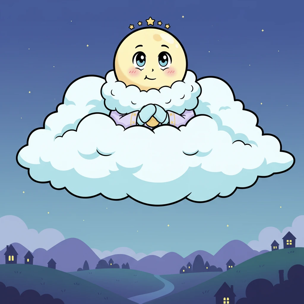 Lumie, the sweet little Moon, loved to peek at the world below, but she was terribly shy. Her round, cheerful face, with rosy cheeks and wide, curious eyes, would often hide behind the softest, fluffiest cloud. A tiny smile played on her lips as she watched the sleepy world, always ready to dart away if anyone looked too closely.