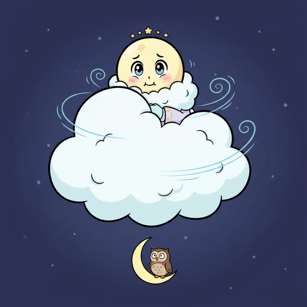 Tonight, Lumie felt extra bashful. A playful gust of wind tickled her, making her giggle, but then she saw a little owl looking up, and poof! she pulled herself completely behind the biggest, coziest cloud. The night sky, usually bathed in her gentle glow, suddenly became much, much darker, surprising all the sleepy creatures.