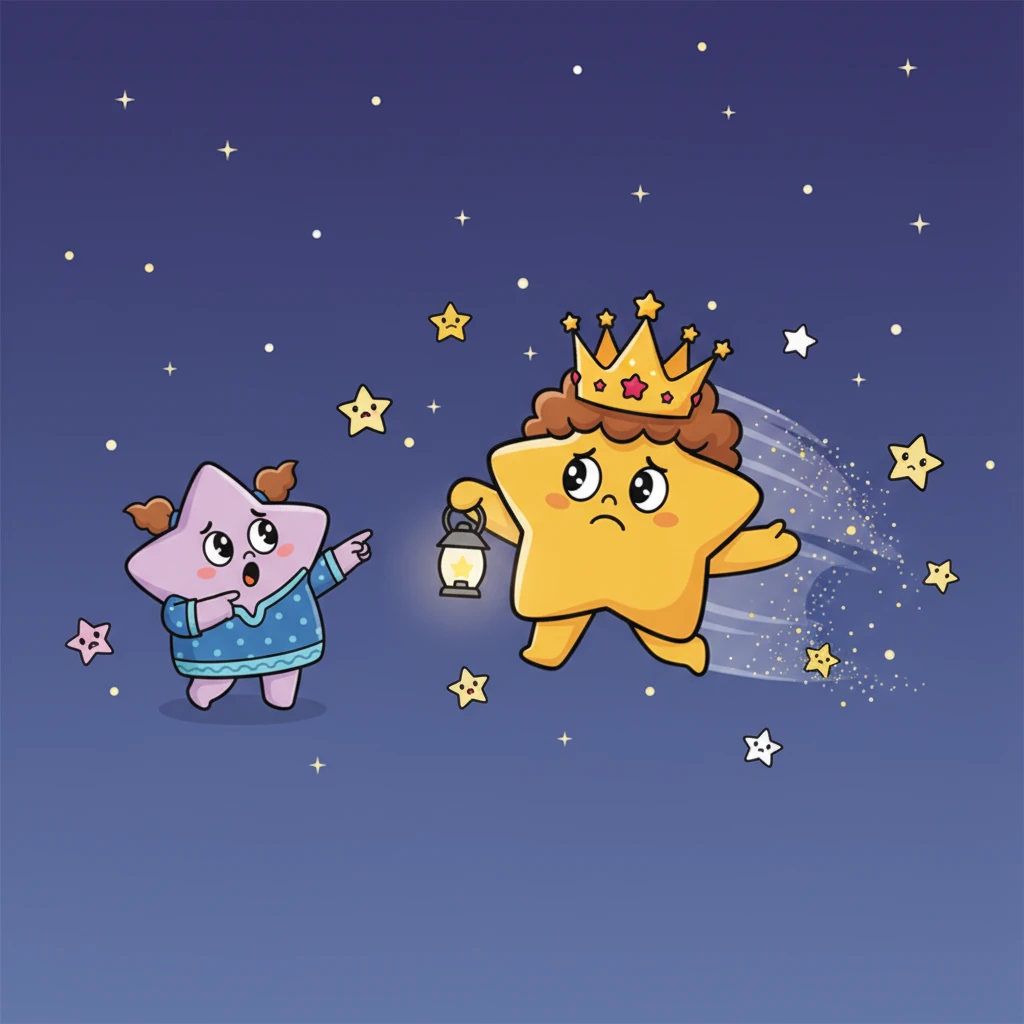 High above, the twinkling stars began to notice. "Where's Lumie?" whispered a tiny star. Stardust Stella, the brightest and most adventurous star, with her sparkling crown and confident smile, zipped forward. Her eyes, usually full of mirth, now held a hint of worry as she realized Lumie was truly gone.