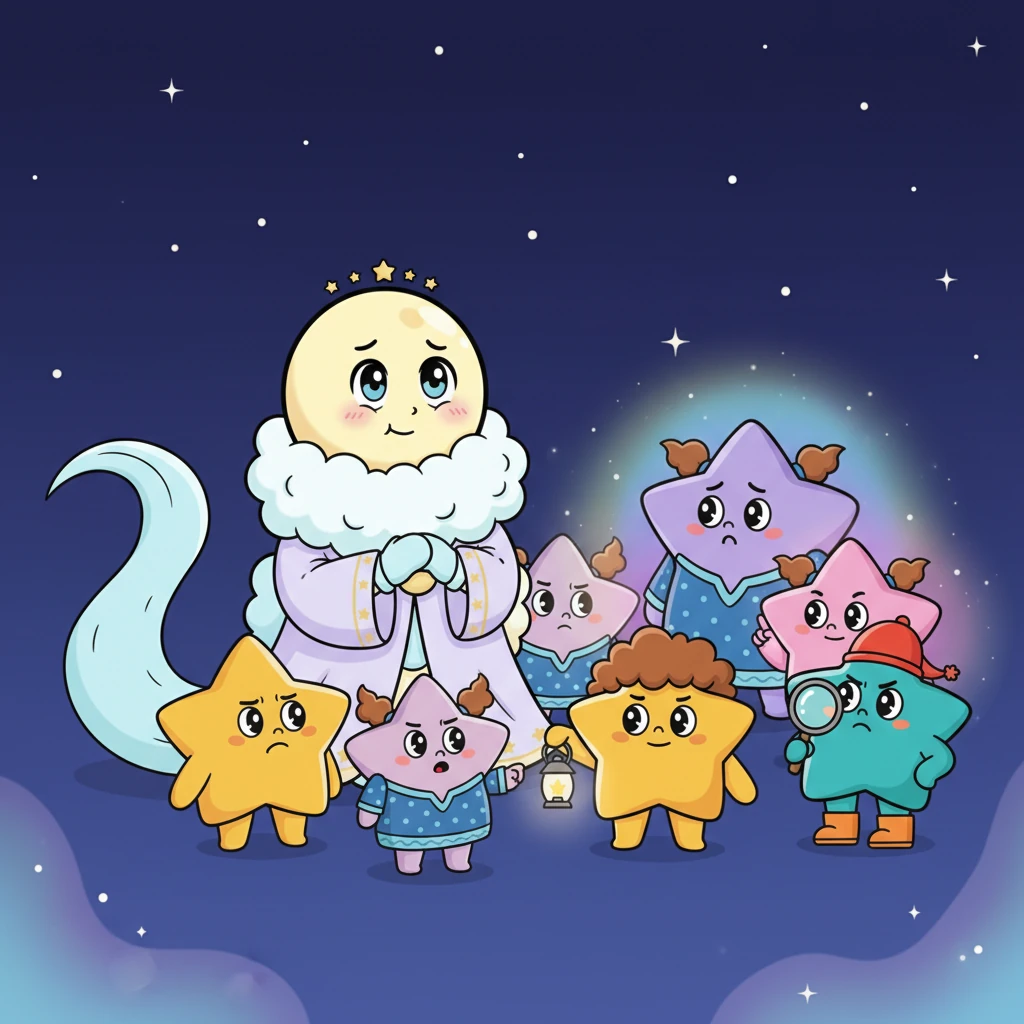 Stella called out to her star friends, their tiny, expressive faces gathering around her. Little Comet Carl, with his long, swishy tail, and wise old Nebula Nora, glowing softly, joined the worried huddle. They all agreed Lumie needed their help, and their determined expressions showed they were ready for an adventure.