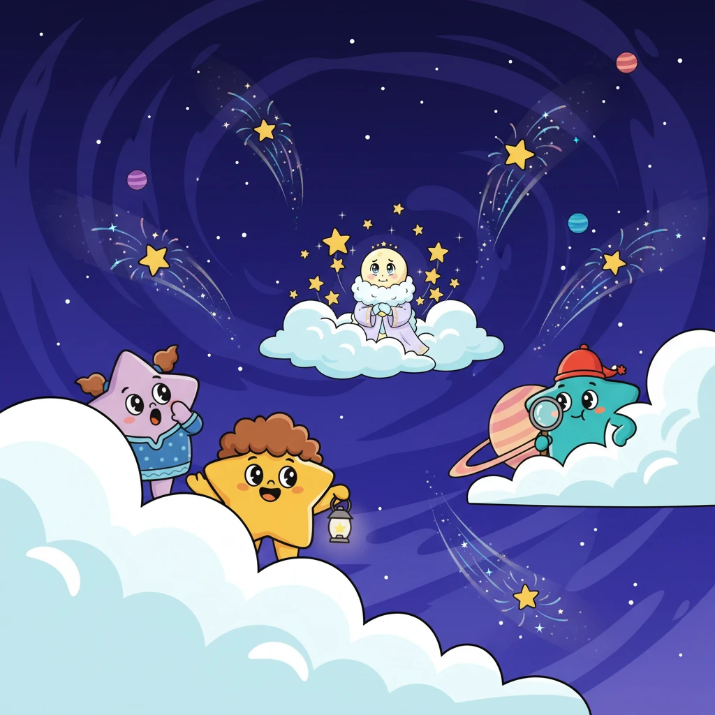 The stars fanned out across the vast, inky canvas of the night sky, their vibrant colors streaking like tiny fireworks. They peered behind fluffy clouds and peeked around distant planets, calling Lumie's name in soft, musical whispers. "Lumie! Lumie, where are you?" their playful voices echoed through the quiet cosmos.