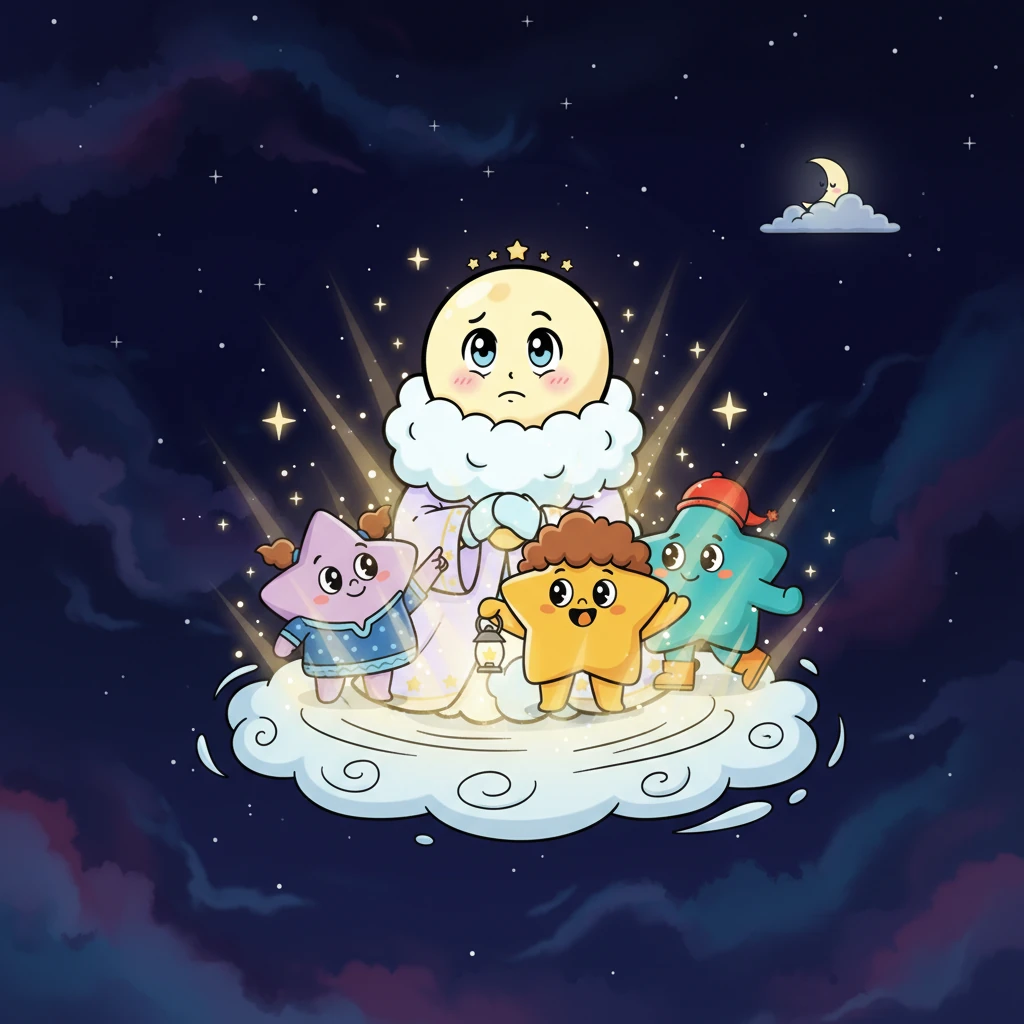 After searching high and low, Stardust Stella had a brilliant idea! She gathered all her star friends close, their glowing forms creating a beautiful cluster. "Lumie is shy," Stella explained, "so maybe we need to show her how much we love her by shining extra bright, together!"