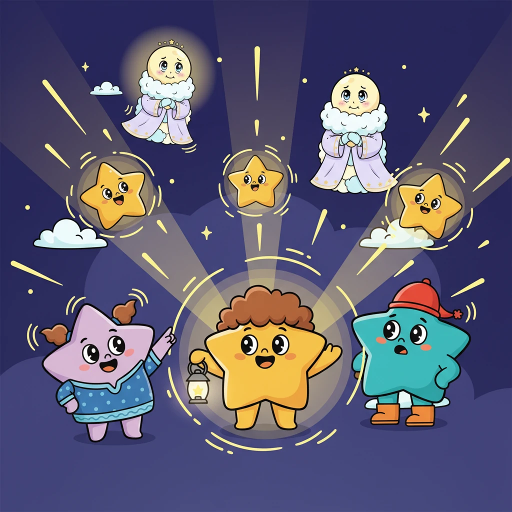 With a collective gasp of excitement, the stars began to twinkle with all their might! Their bold, cheerful lights pulsed and danced, painting the dark sky with dazzling hues of yellow, blue, and pink. It was a magnificent, soft glow, like a warm, inviting blanket woven from pure starlight.