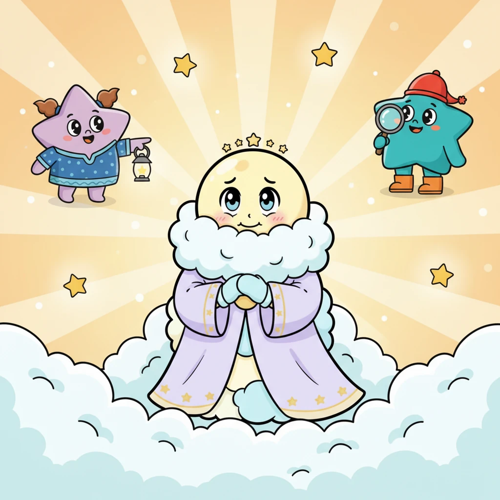 Hidden deep within her cloudy hideaway, Lumie felt a gentle warmth. She peeked out a tiny sliver, her one eye wide with wonder. The sky was no longer dark and scary; it was filled with the most beautiful, comforting light, radiating from her loving star friends. Her shy smile slowly returned.