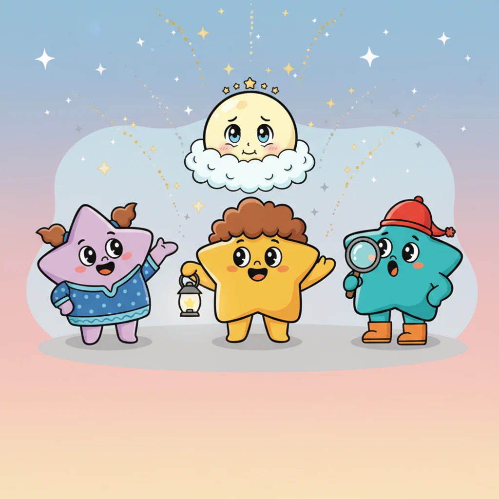 "There she is!" cheered the stars, spotting Lumie's tiny peek. Their expressive faces beamed with joy, and they twinkled even harder, sending encouraging sparkles her way. Stardust Stella, with a warm, inviting smile, beckoned Lumie to come out fully, assuring her it was safe and wonderful.