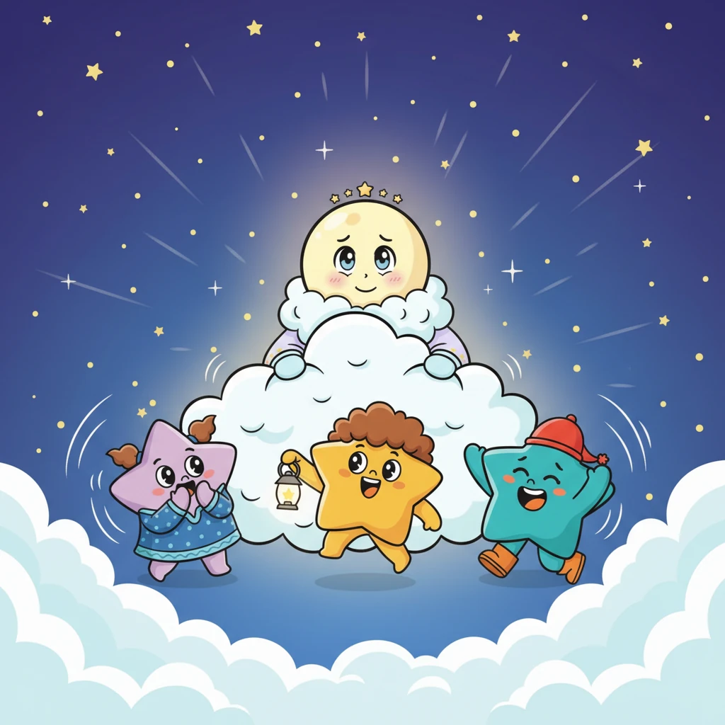 Taking a deep breath, Lumie pushed the cloud aside and emerged, her full, round form glowing softly and confidently. She beamed a happy, shy smile at her star friends, who cheered with delight. The night sky was now perfectly lit, a testament to friendship, bravery, and the beautiful, shy shine of Lumie the Moon.