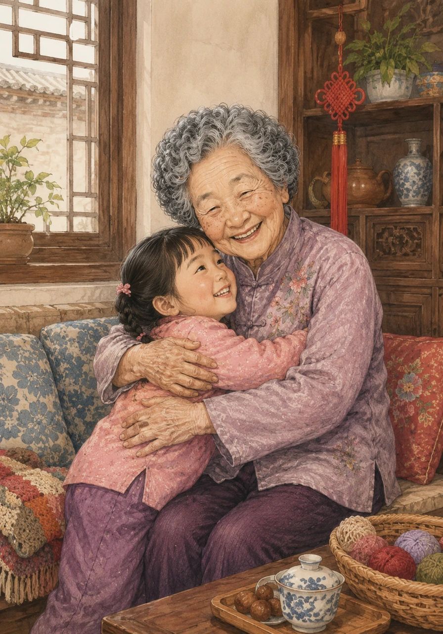 In the heart of the bustling city of Beijing, a bright-eyed little girl named Mei Mei lived in a cozy traditional home. Her days were filled with the warm hugs and joyful stories of her loving grandmother.