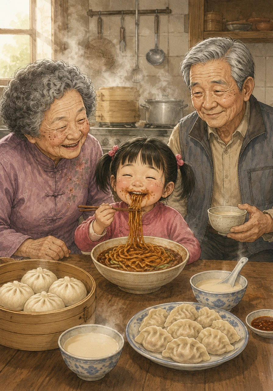 Every morning, the kitchen transformed into a magical place filled with the delicious aromas of steaming buns, warm soy milk, and fresh dumplings. Mei Mei happily devoured her favorite thick noodles covered in rich, savory sauce, getting it all over her cheeks.