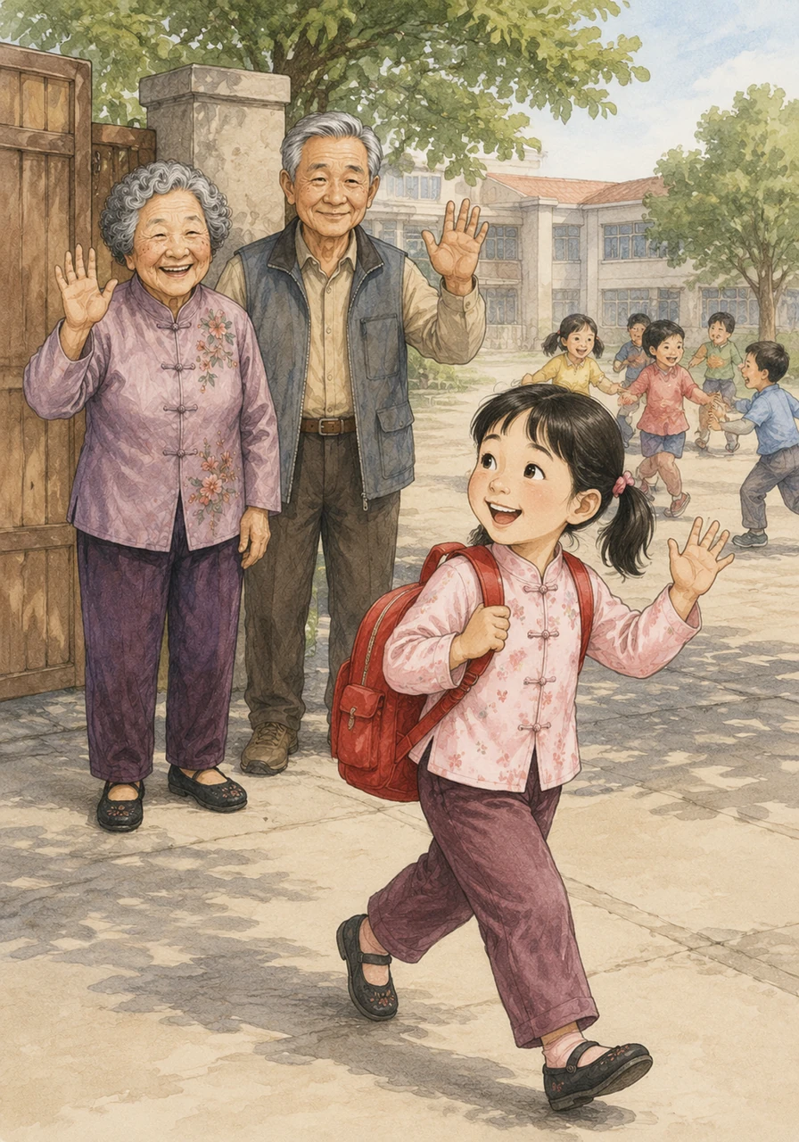 With her bright red backpack slung over her shoulders, Mei Mei happily walked to school every day. She loved drawing colorful pictures, singing cheerful songs, and playing tag with her friends in the courtyard.
