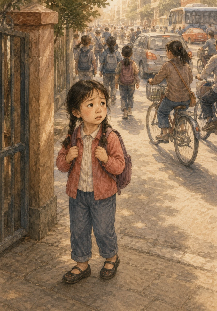 One afternoon, as the final school bell rang, Mei Mei accidentally followed a group of older children through the wrong gate. Instead of the familiar path home, she found herself walking toward a noisy, unfamiliar street packed with bicycles and cars.