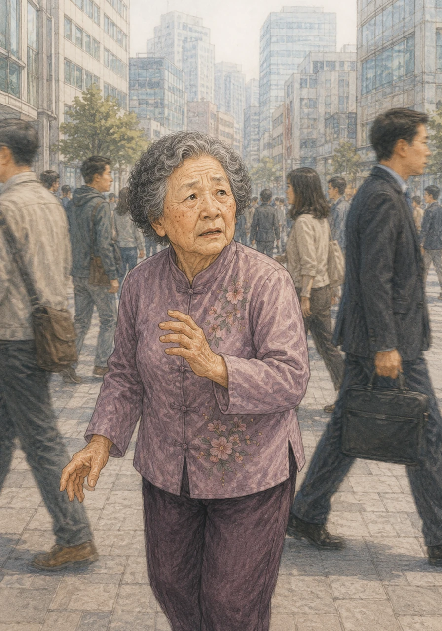 Looking around, Mei Mei realized the cozy alleyways she knew had vanished, replaced by strange buildings and rushing strangers. Her heart began to beat fast in her chest as she whispered for her grandmother, but there was no answer.