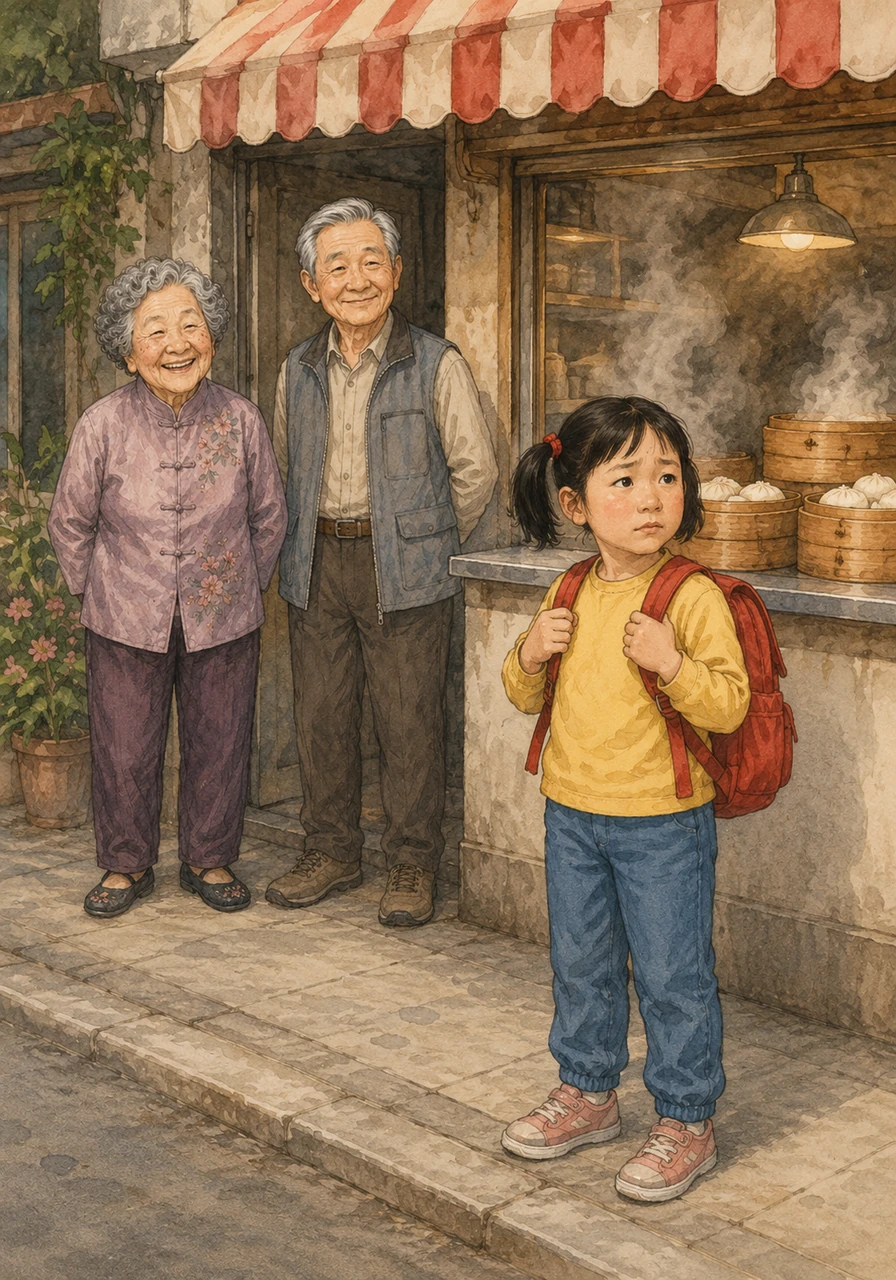 Standing bravely near a small steamed bun shop, Mei Mei remembered her grandmother's wise words to always stay in one safe place if she ever got lost. She tightly gripped the straps of her red backpack and planted her feet firmly on the sidewalk, waiting patiently.