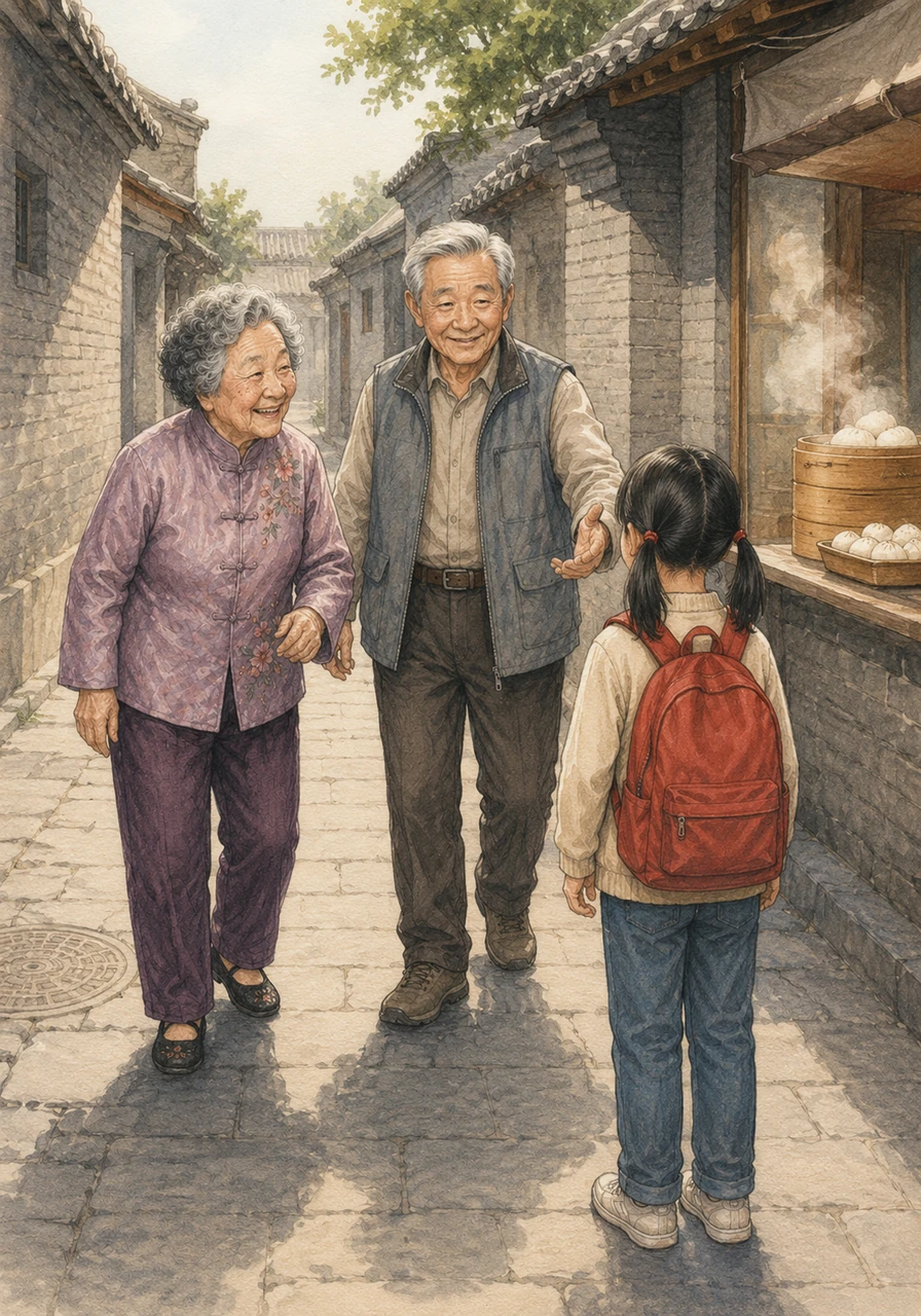 After an hour of searching through the winding hutongs, Grandpa turned a sharp corner by a steamed bun shop and spotted a familiar red backpack. Mei Mei was standing perfectly still, just as she had been told to do.