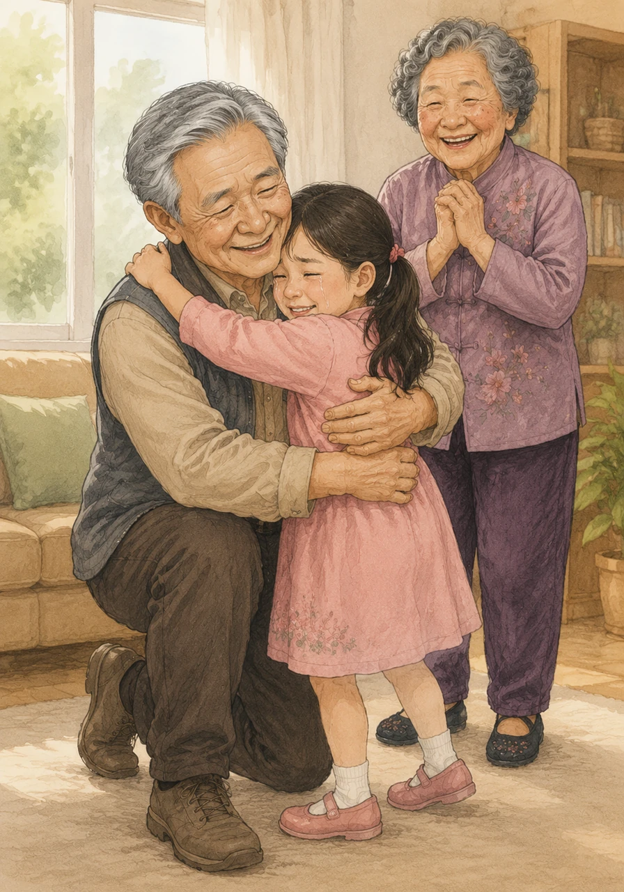 Mei Mei looked up to see Grandpa running toward her, and she flew into his arms for a tight, comforting embrace. As she shed a few tears of relief, Grandpa praised her for being so incredibly smart and brave by staying in one place.