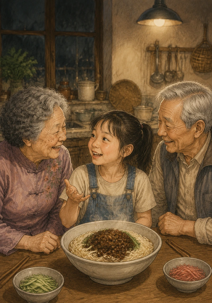 That evening, the family was safely reunited in their warm kitchen over a big bowl of comforting zhajiangmian noodles. Smiling through her exhaustion, Mei Mei proudly declared herself a strong Beijing girl, surrounded by the laughter and love of her grandparents.
