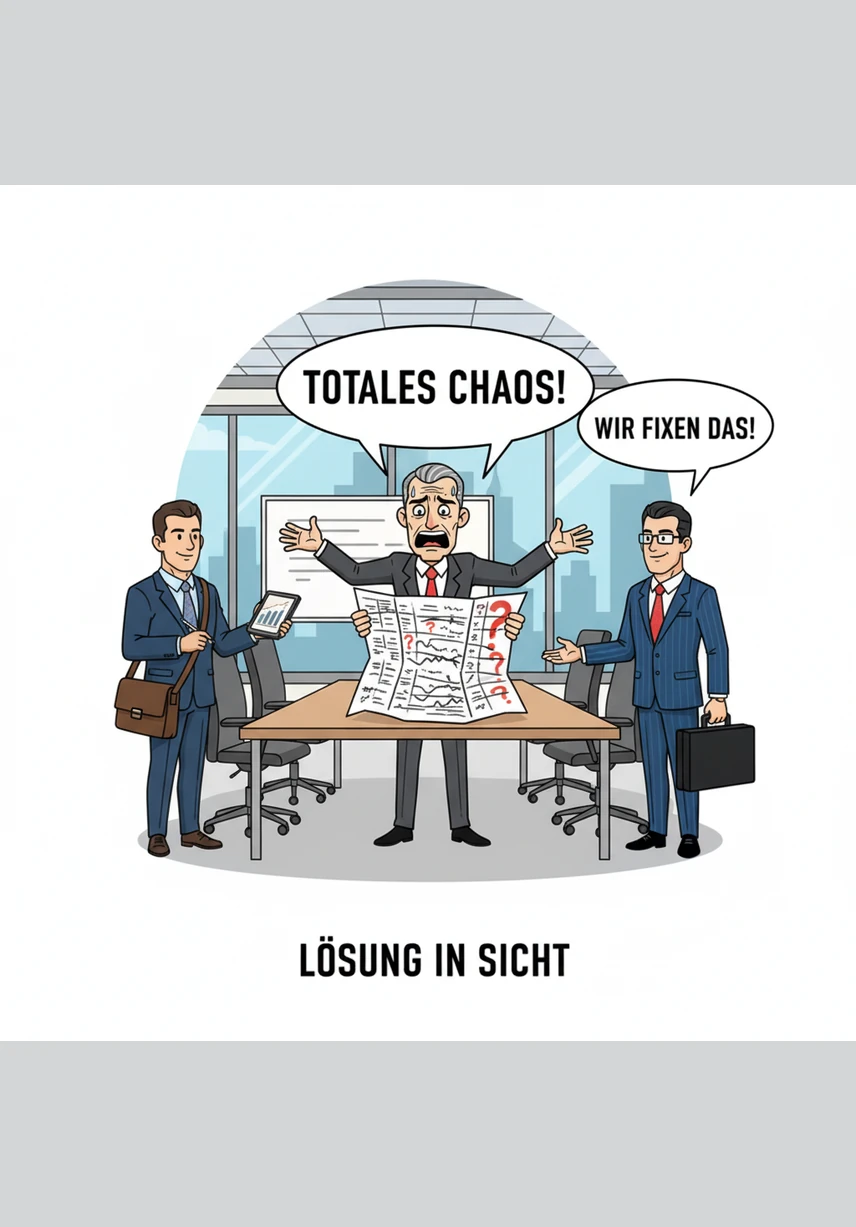 Der Chef breitet eine lange Liste auf dem Tisch aus, die vor Anforderungen fast überquillt. Er erklärt Lukas verzweifelt, dass sie einfach niemanden finden, der all diese unterschiedlichen Kompetenzen gleichzeitig mitbringt.