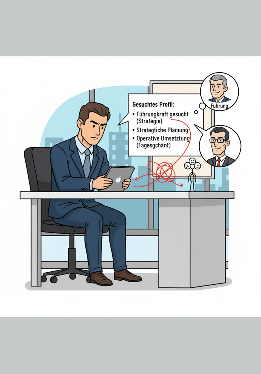 Lukas studiert das Profil aufmerksam und erkennt sofort das Problem: Die Firma sucht eine Person, die gleichzeitig führen, strategisch planen und operativ im Tagesgeschäft anpacken soll. Es ist eine Wunschliste, die eigentlich drei verschiedene Rollen beschreibt.