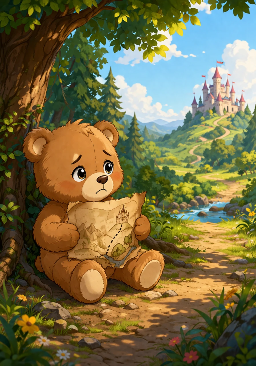 Barnaby the teddy bear sits alone at the edge of a sun-dappled forest, clutching a faded map that leads to the castle of Princess Nounou. His soft fur is slightly ruffled, and his big, glass eyes are filled with a mix of hope and worry as he looks toward the horizon.