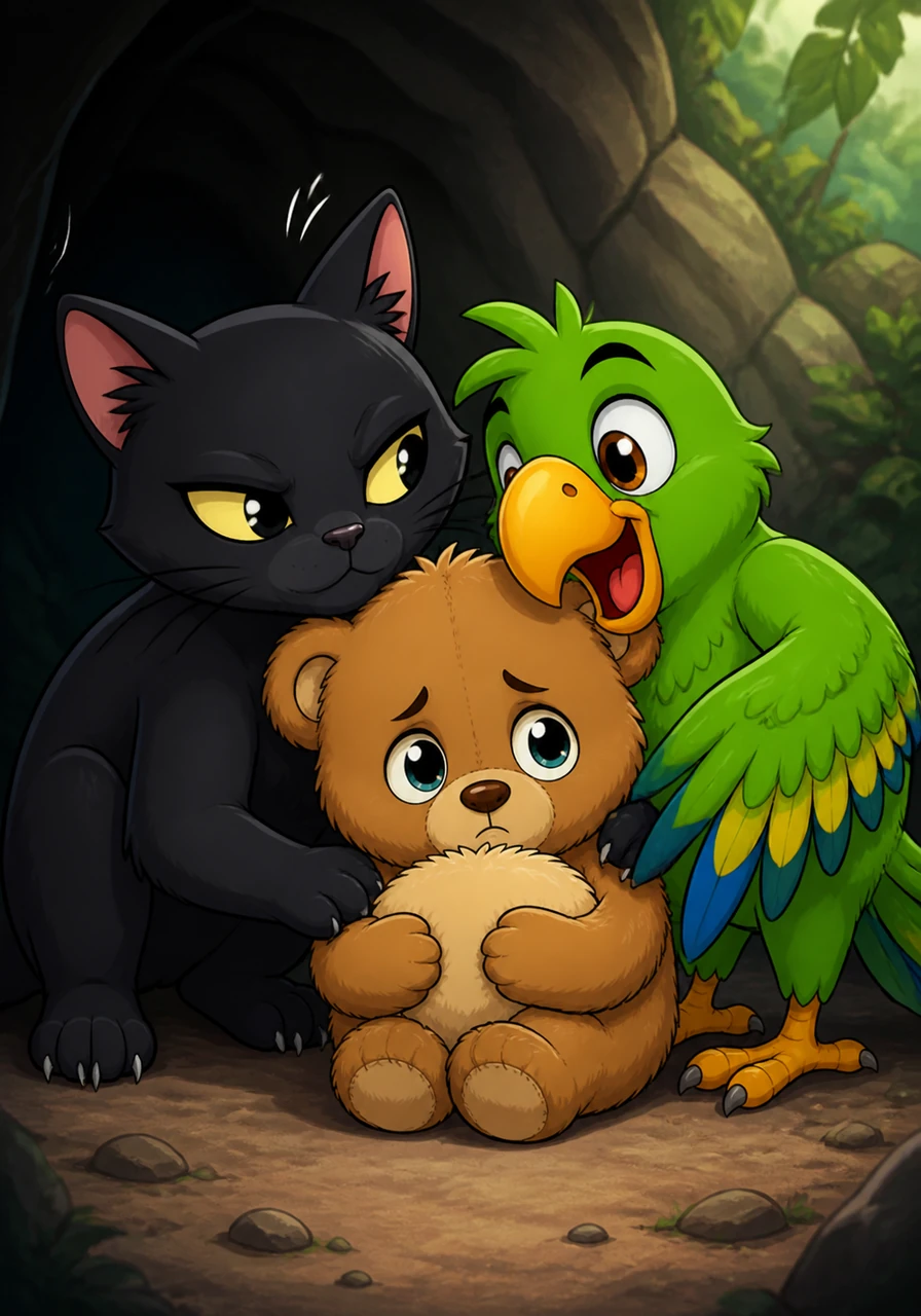 A sleek black cat named Gölge steps out from the shadows with a protective gaze, followed by Geveze, a bright green parrot who is already chirping a mile a minute. Geveze’s constant talking makes Gölge’s ears twitch with annoyance, but they both lean in close to comfort their scared friend Barnaby.