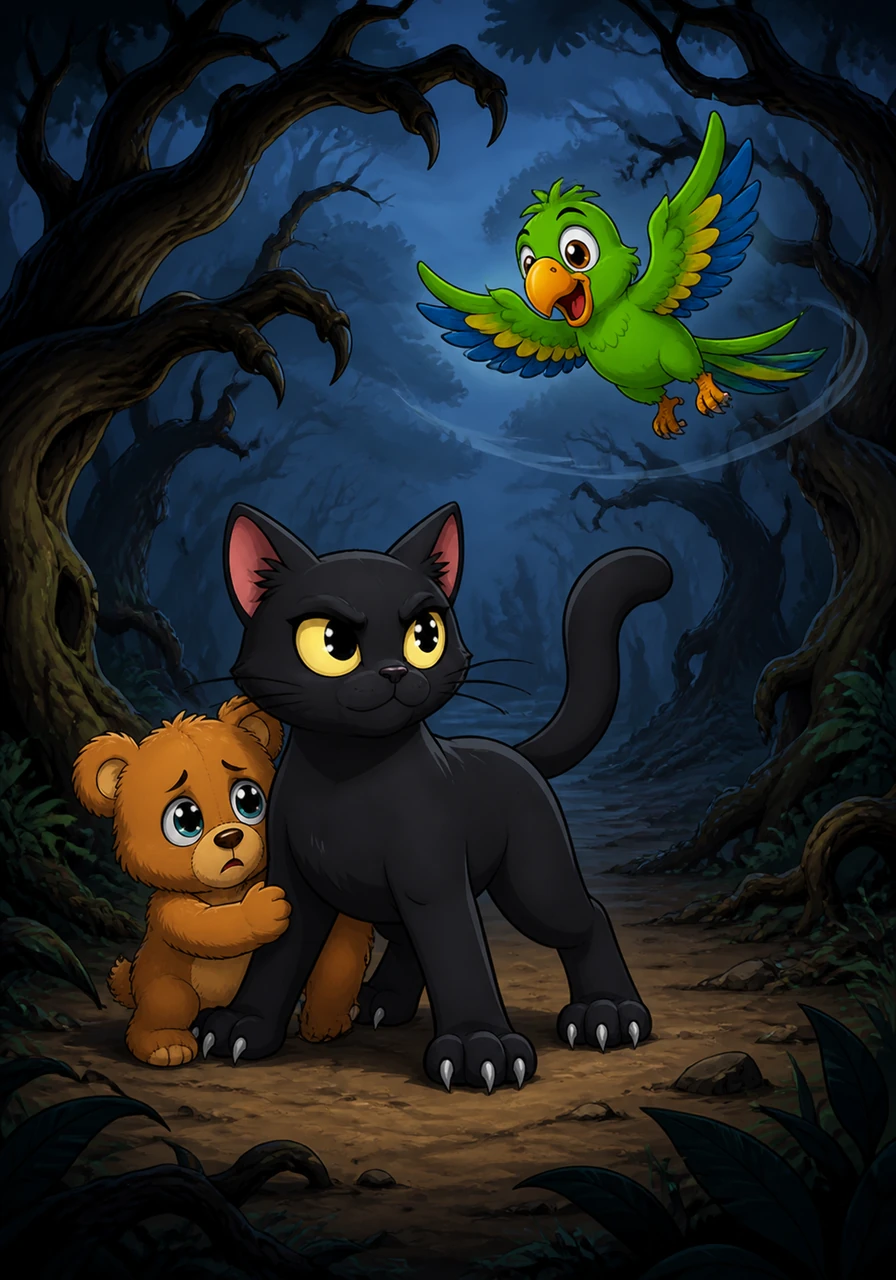 The trio reaches the edge of the Dark Jungle, where the trees are twisted like old fingers and the air is thick with mystery. Barnaby trembles and hides behind Gölge’s sturdy legs, while Geveze flies in circles overhead, narrating every spooky shadow he sees.